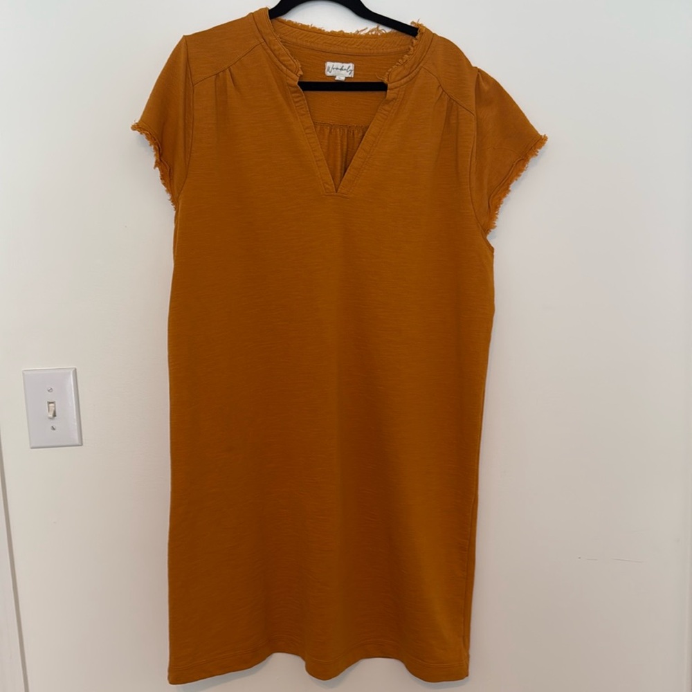 Wonderly Womens XL Mustard Yellow Raw Hem V-Neck Slub Knit Shift T-Shirt Dress
